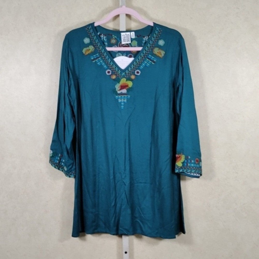 6132 Parsley & Sage teal 3/4 sleeve embroidered blouse M NWT